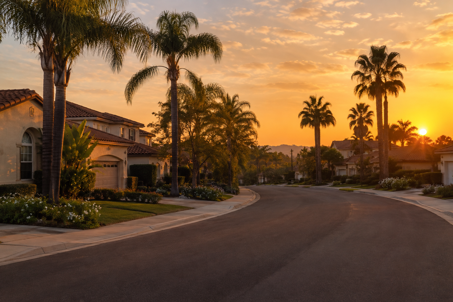 A Southern California street at sunset, illustrative